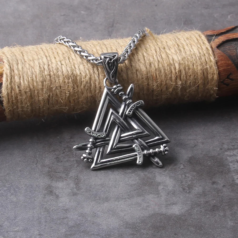 Stainless Steel Sword Valknut Necklace Packed by Wooden Box as Gift – Perfect Viking Jewelry for Men Stainless Steel Sword Valknut Necklace Packed by Wooden Box as Gift - Perfect Viking Jewelry for Men