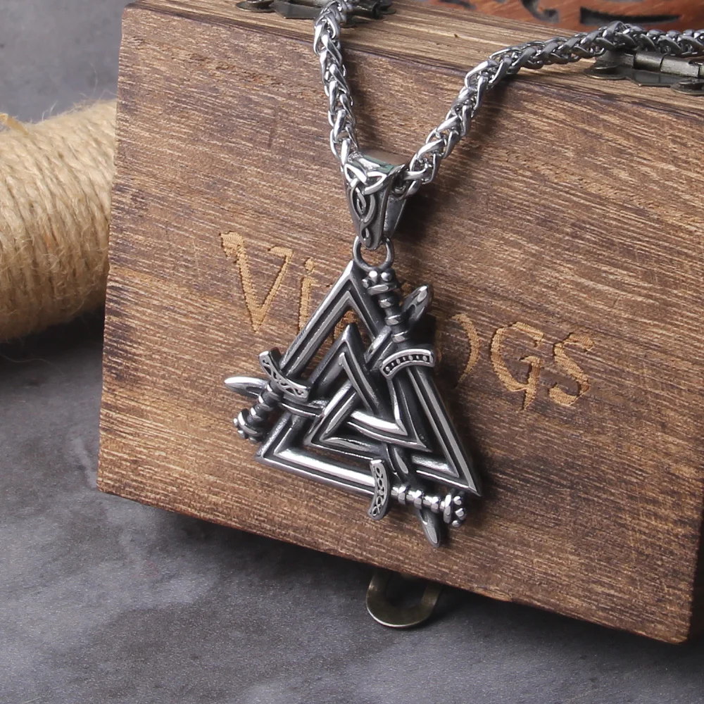 Stainless Steel Sword Valknut Necklace Packed by Wooden Box as Gift – Perfect Viking Jewelry for Men Stainless Steel Sword Valknut Necklace Packed by Wooden Box as Gift - Perfect Viking Jewelry for Men