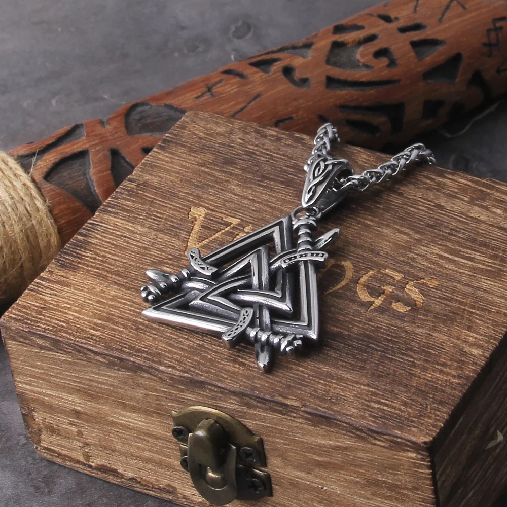 Stainless Steel Sword Valknut Necklace Packed by Wooden Box as Gift – Perfect Viking Jewelry for Men Stainless Steel Sword Valknut Necklace Packed by Wooden Box as Gift - Perfect Viking Jewelry for Men