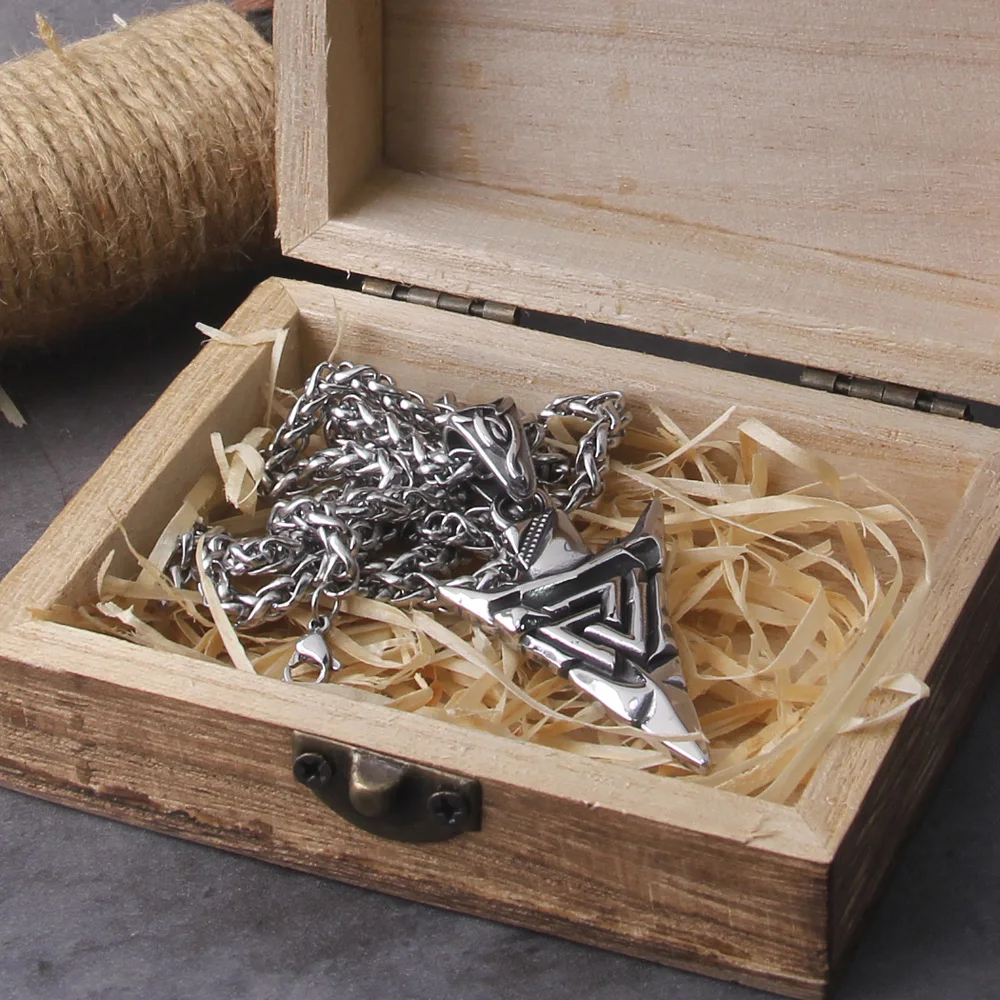 Odin Valknut Rune Necklace - vikings spear Men's Stainless Steel Necklace in Wooden Box