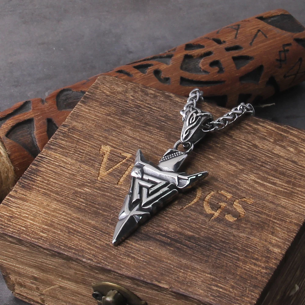 Odin Valknut Rune Necklace - vikings spear Men's Stainless Steel Necklace in Wooden Box