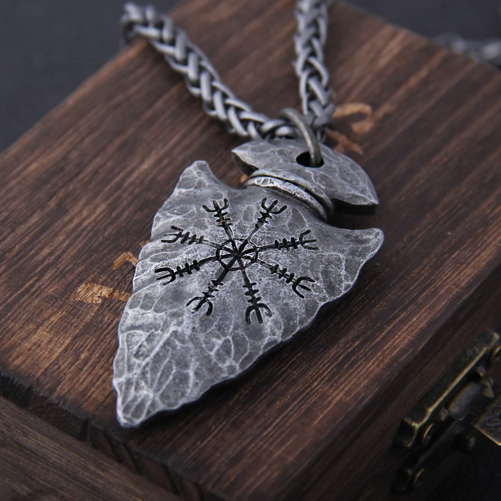Odin Valknut Rune Necklace - vikings spear Men's Stainless Steel Necklace in Wooden Box Odin Valknut Rune Necklace - vikings spear Men's Stainless Steel Necklace in Wooden Box