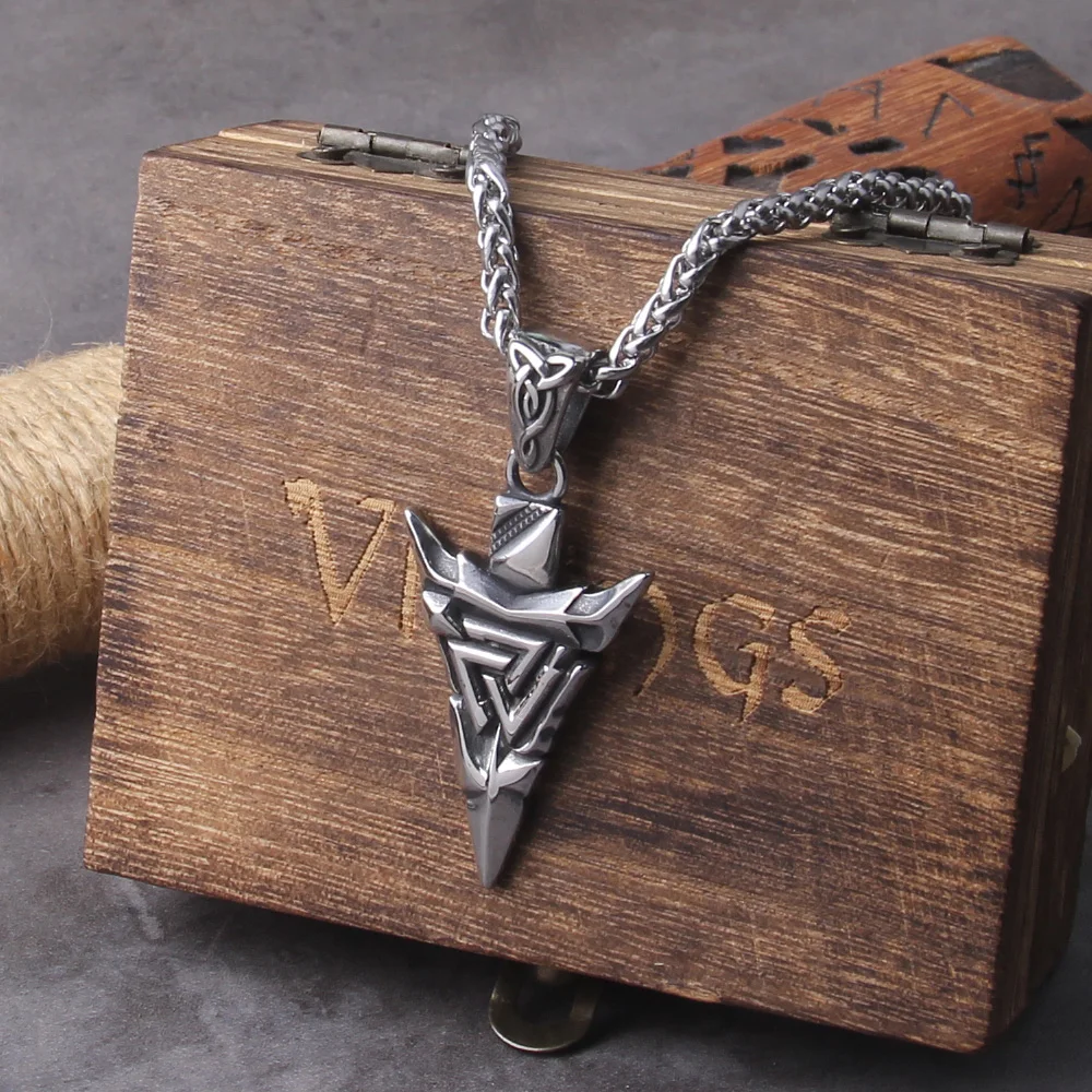 Odin Valknut Rune Necklace - vikings spear Men's Stainless Steel Necklace in Wooden Box