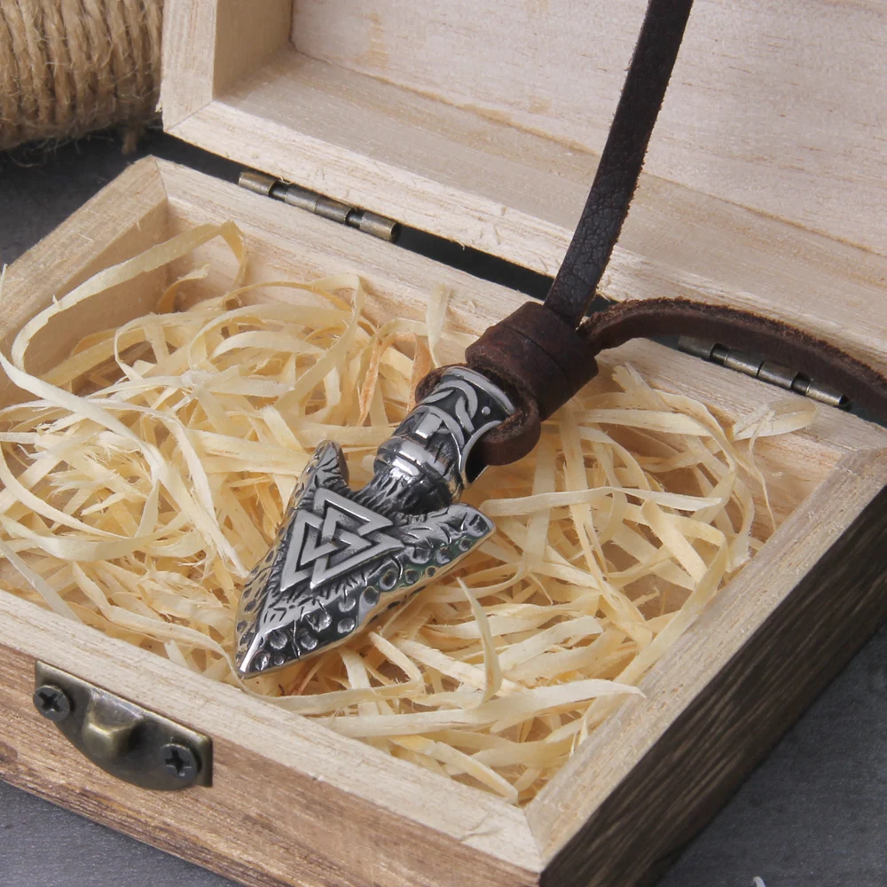 Odin Valknut Rune Necklace - vikings spear Men's Stainless Steel Necklace in Wooden Box