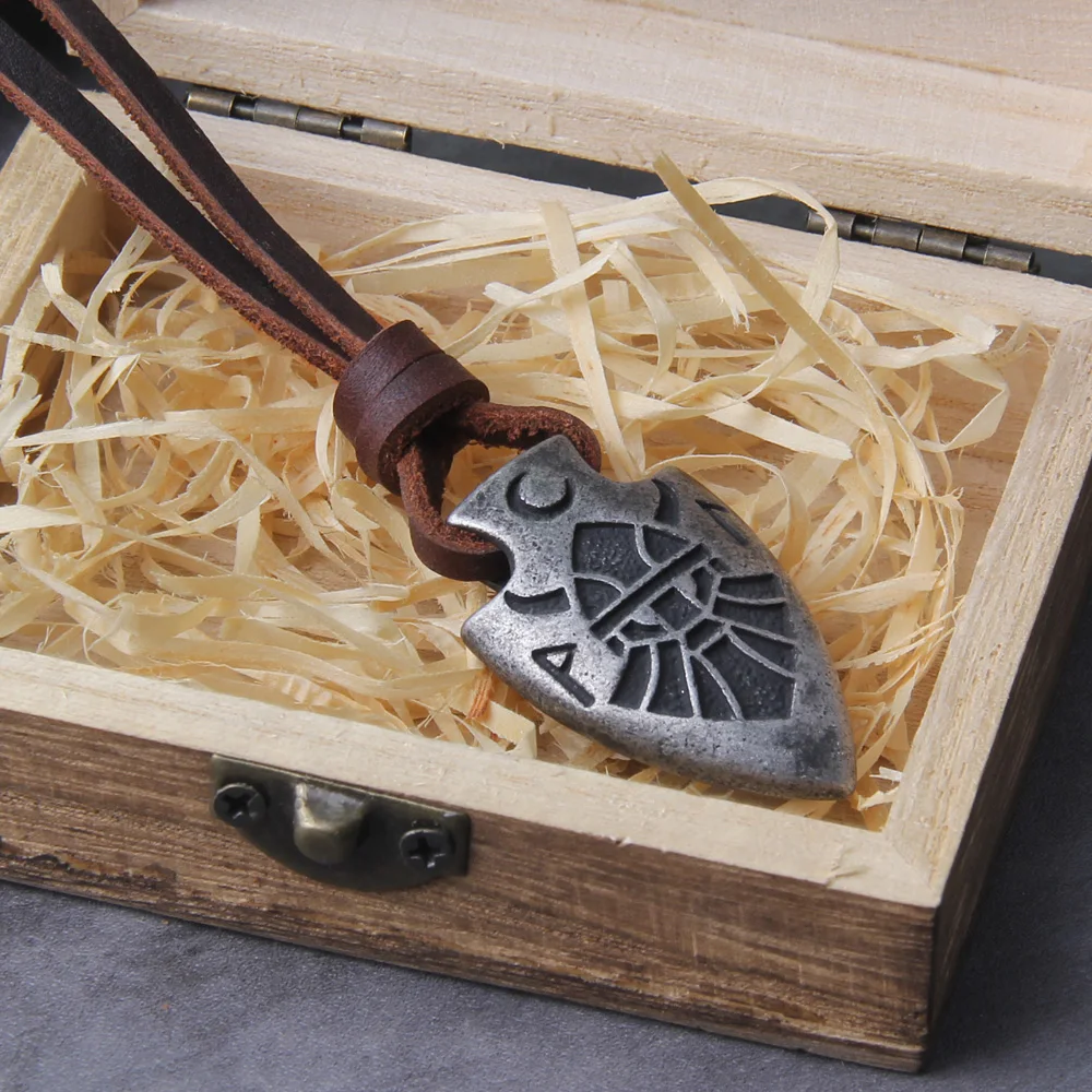 Odin Valknut Rune Necklace - vikings spear Men's Stainless Steel Necklace in Wooden Box