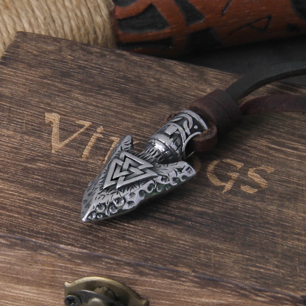 Odin Valknut Rune Necklace - vikings spear Men's Stainless Steel Necklace in Wooden Box