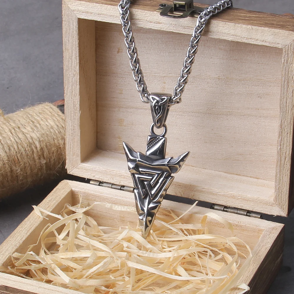 Odin Valknut Rune Necklace - vikings spear Men's Stainless Steel Necklace in Wooden Box