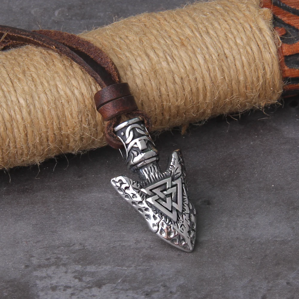 Odin Valknut Rune Necklace - vikings spear Men's Stainless Steel Necklace in Wooden Box