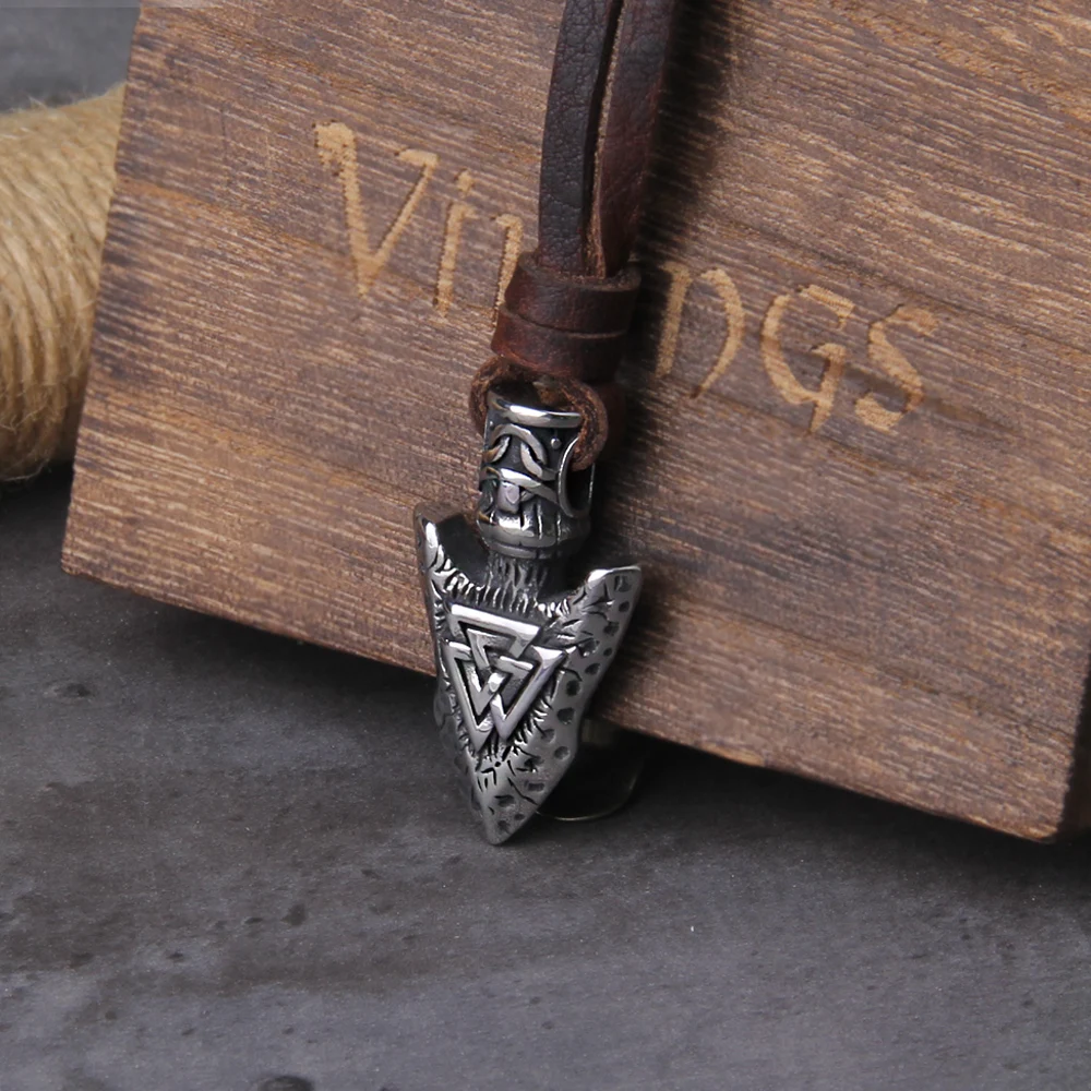 Odin Valknut Rune Necklace - vikings spear Men's Stainless Steel Necklace in Wooden Box