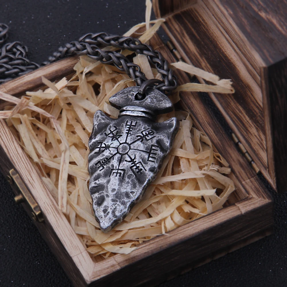 Odin Valknut Rune Necklace - vikings spear Men's Stainless Steel Necklace in Wooden Box Odin Valknut Rune Necklace - vikings spear Men's Stainless Steel Necklace in Wooden Box