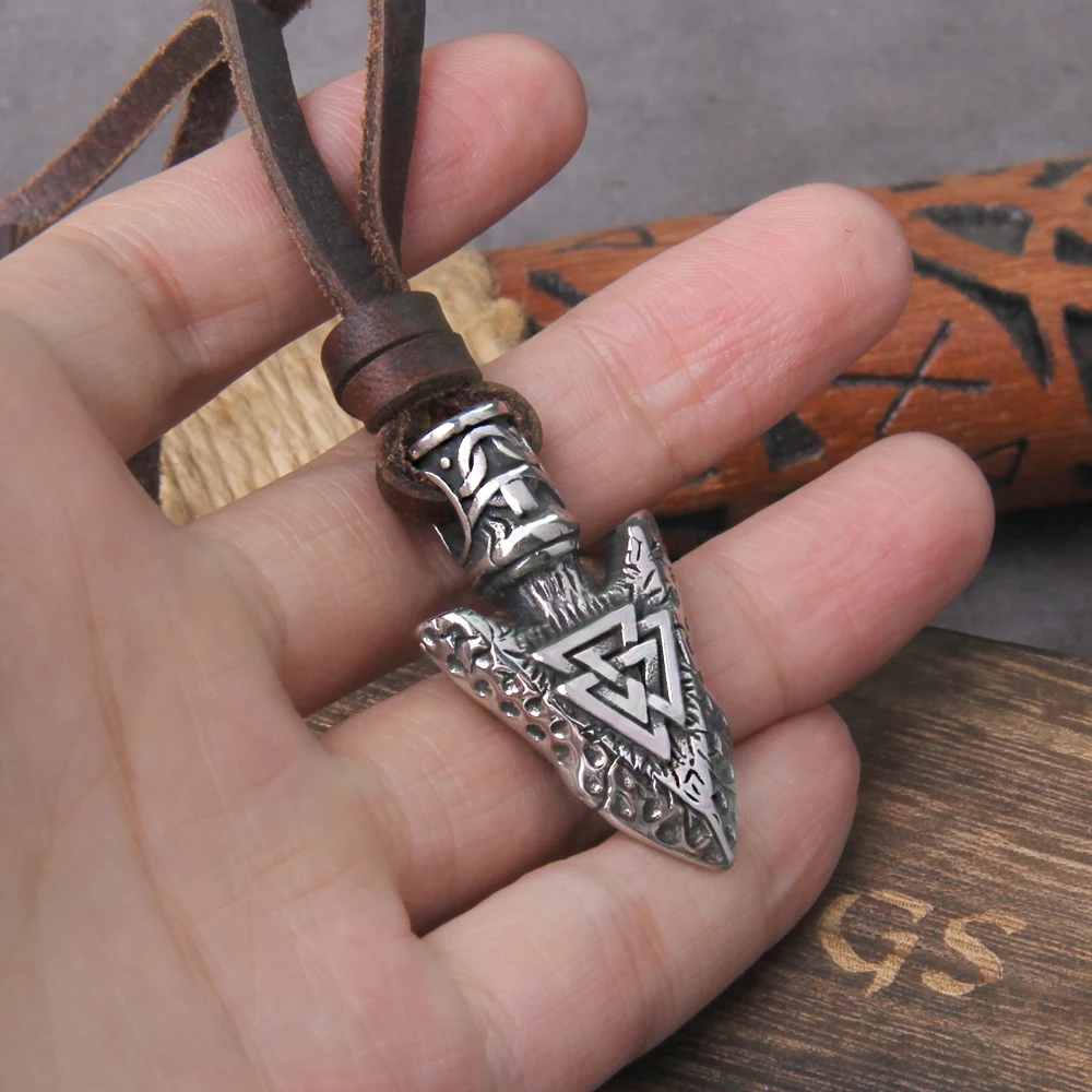 Odin Valknut Rune Necklace - vikings spear Men's Stainless Steel Necklace in Wooden Box
