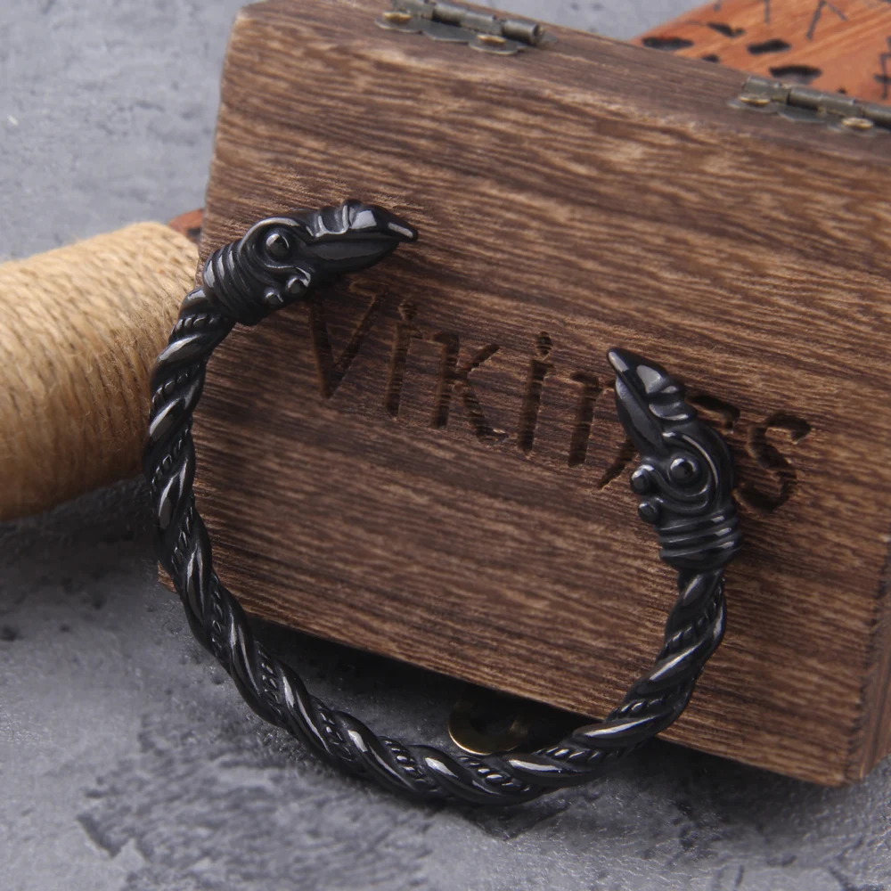 Stainless Steel Nordic Viking Norse Raven Bracelet adjustable Men Wristband Cuff Bracelets with Viking Wooden Box Stainless Steel Nordic Viking Norse Raven Bracelet adjustable Men Wristband Cuff Bracelets with Viking Wooden Box