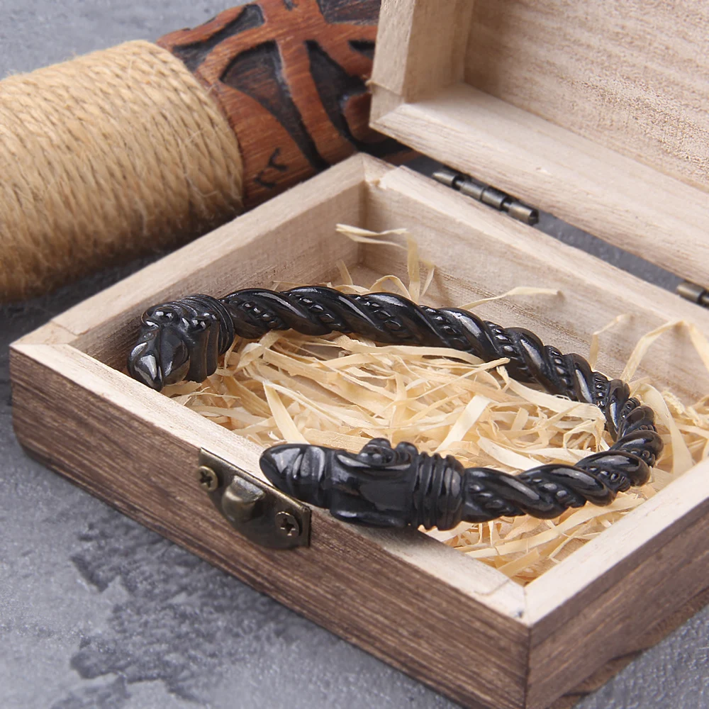 Stainless Steel Nordic Viking Norse Raven Bracelet adjustable Men Wristband Cuff Bracelets with Viking Wooden Box