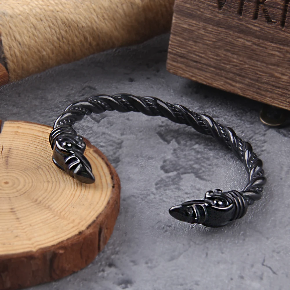 Stainless Steel Nordic Viking Norse Raven Bracelet adjustable Men Wristband Cuff Bracelets with Viking Wooden Box