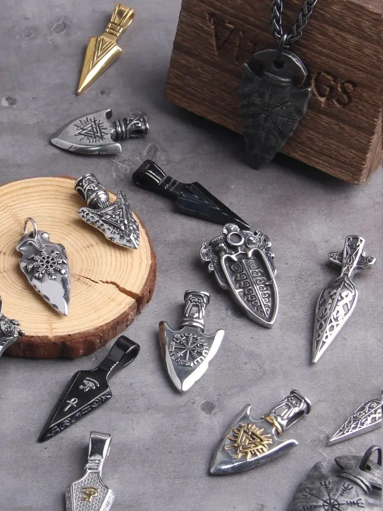 Norse Runes Odin's Spear Gungnir Necklace Men Gold Color Stainless Steel Arrowhead Pendant Valknut Talisman Male Vikings Jewelry