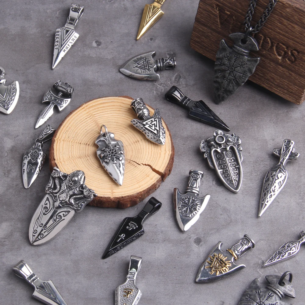 Norse Runes Odin’s Spear Gungnir Necklace Men Gold Color Stainless Steel Arrowhead Pendant Valknut Talisman Male Vikings Jewelry Norse Runes Odin's Spear Gungnir Necklace Men Gold Color Stainless Steel Arrowhead Pendant Valknut Talisman Male Vikings Jewelry