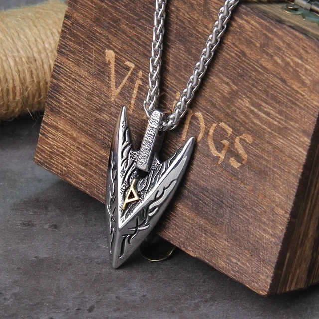 Norse Runes Odin's Spear Gungnir Necklace Men Gold Color Stainless Steel Arrowhead Pendant Valknut Talisman Male Vikings Jewelry