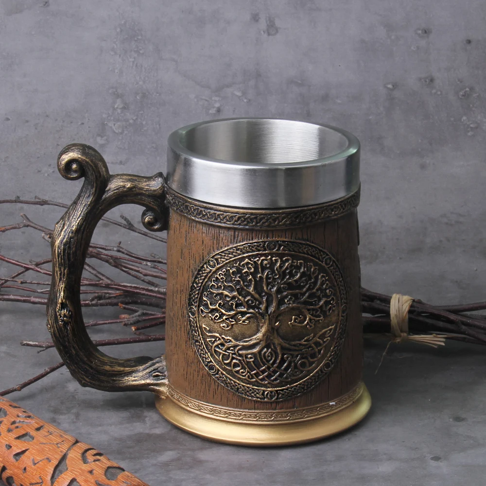 Viking Tree of Life Drakkar Beer Mug – 600ml Wooden Tankard