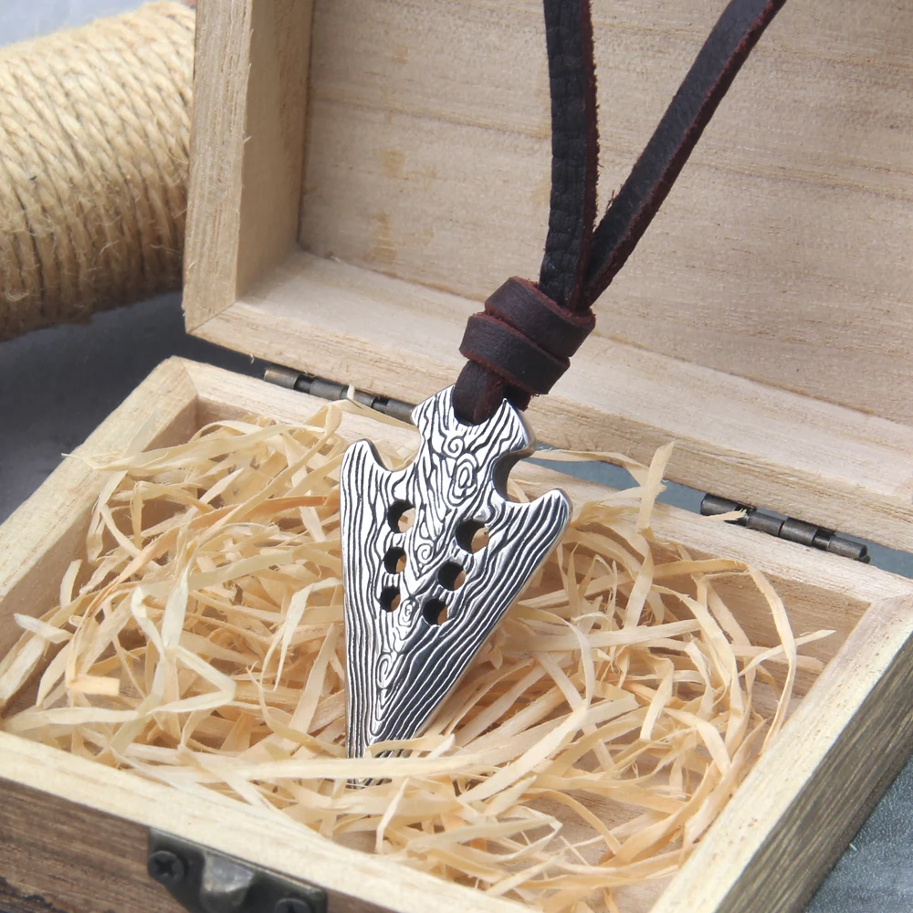 stainless steel Viking Damascus spear Pendant Necklace with really cow leather chain As Men Gift with wooden box as gift stainless steel Viking Damascus spear Pendant Necklace with really cow leather chain As Men Gift with wooden box as gift