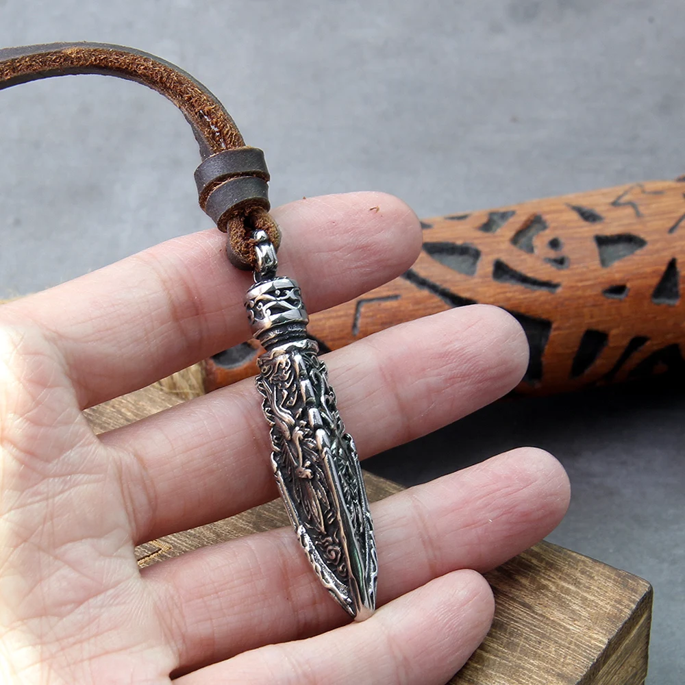 stainless steel Viking Damascus spear Pendant Necklace with really cow leather chain As Men Gift with wooden box as gift stainless steel Viking Damascus spear Pendant Necklace with really cow leather chain As Men Gift with wooden box as gift