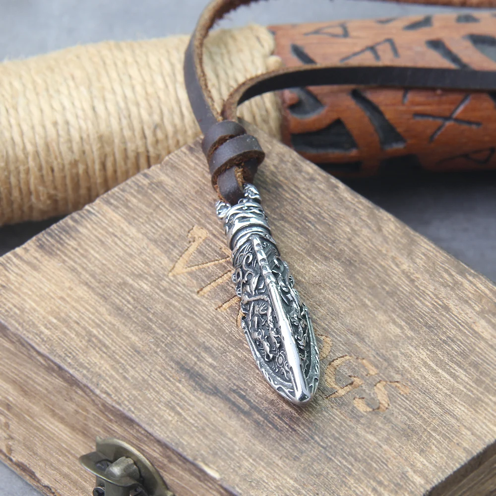 stainless steel Viking Damascus spear Pendant Necklace with really cow leather chain As Men Gift with wooden box as gift stainless steel Viking Damascus spear Pendant Necklace with really cow leather chain As Men Gift with wooden box as gift