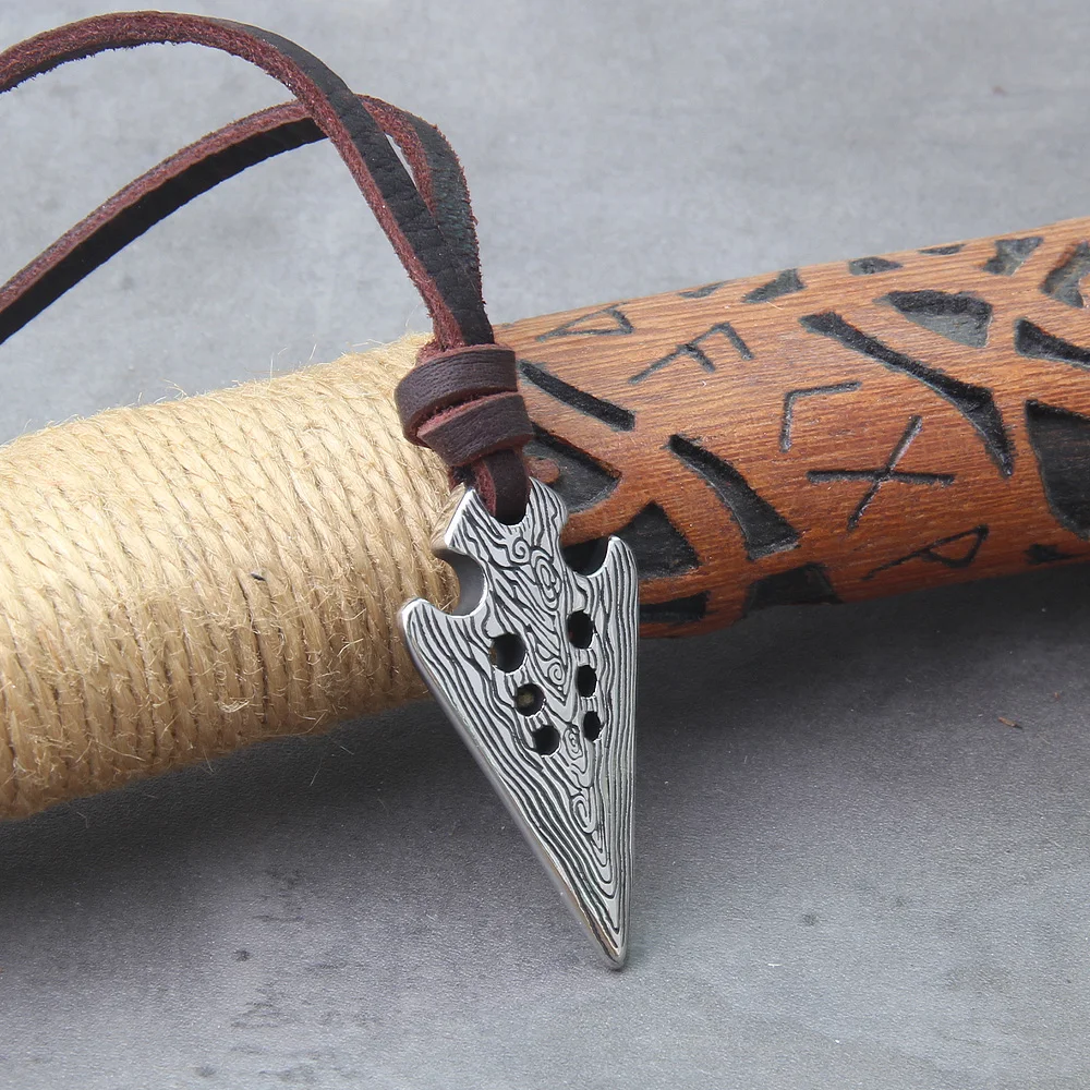 stainless steel Viking Damascus spear Pendant Necklace with really cow leather chain As Men Gift with wooden box as gift stainless steel Viking Damascus spear Pendant Necklace with really cow leather chain As Men Gift with wooden box as gift
