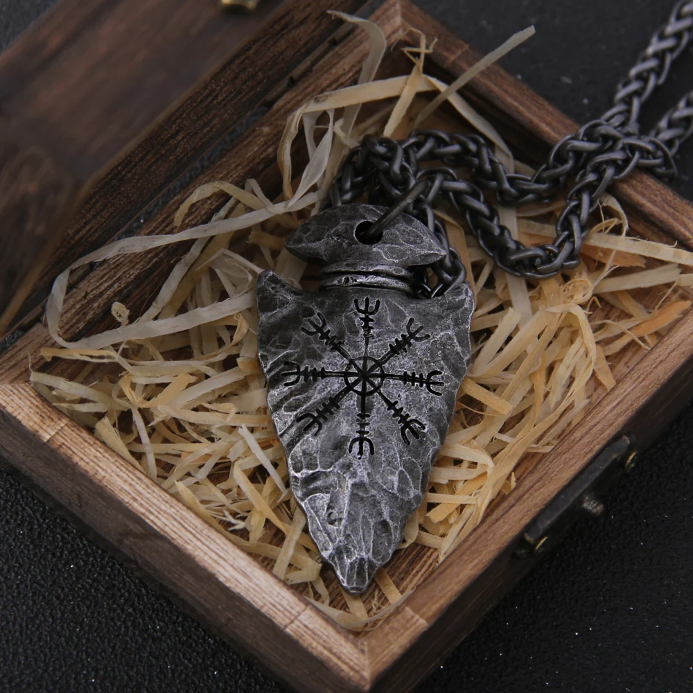 stainless steel Viking Damascus spear Pendant Necklace with really cow leather chain As Men Gift with wooden box as gift stainless steel Viking Damascus spear Pendant Necklace with really cow leather chain As Men Gift with wooden box as gift