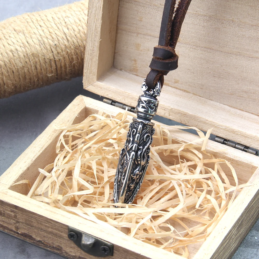 stainless steel Viking Damascus spear Pendant Necklace with really cow leather chain As Men Gift with wooden box as gift stainless steel Viking Damascus spear Pendant Necklace with really cow leather chain As Men Gift with wooden box as gift