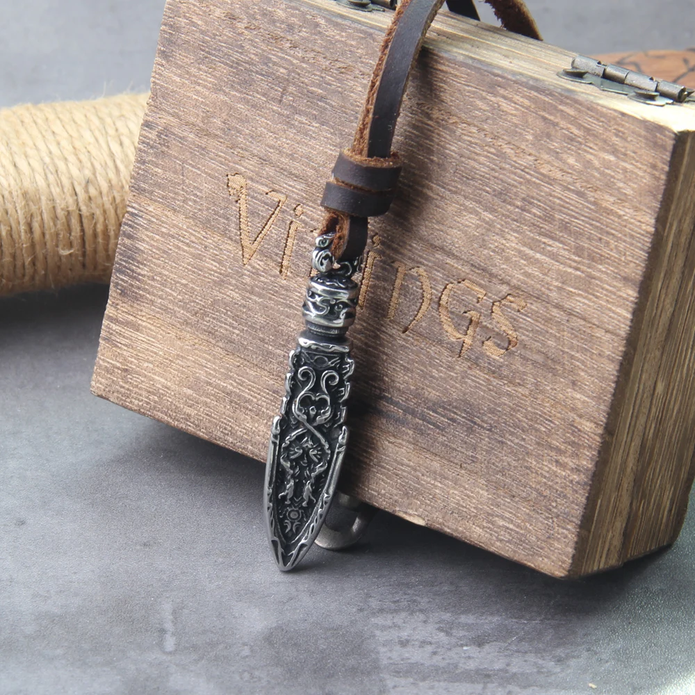 stainless steel Viking Damascus spear Pendant Necklace with really cow leather chain As Men Gift with wooden box as gift stainless steel Viking Damascus spear Pendant Necklace with really cow leather chain As Men Gift with wooden box as gift