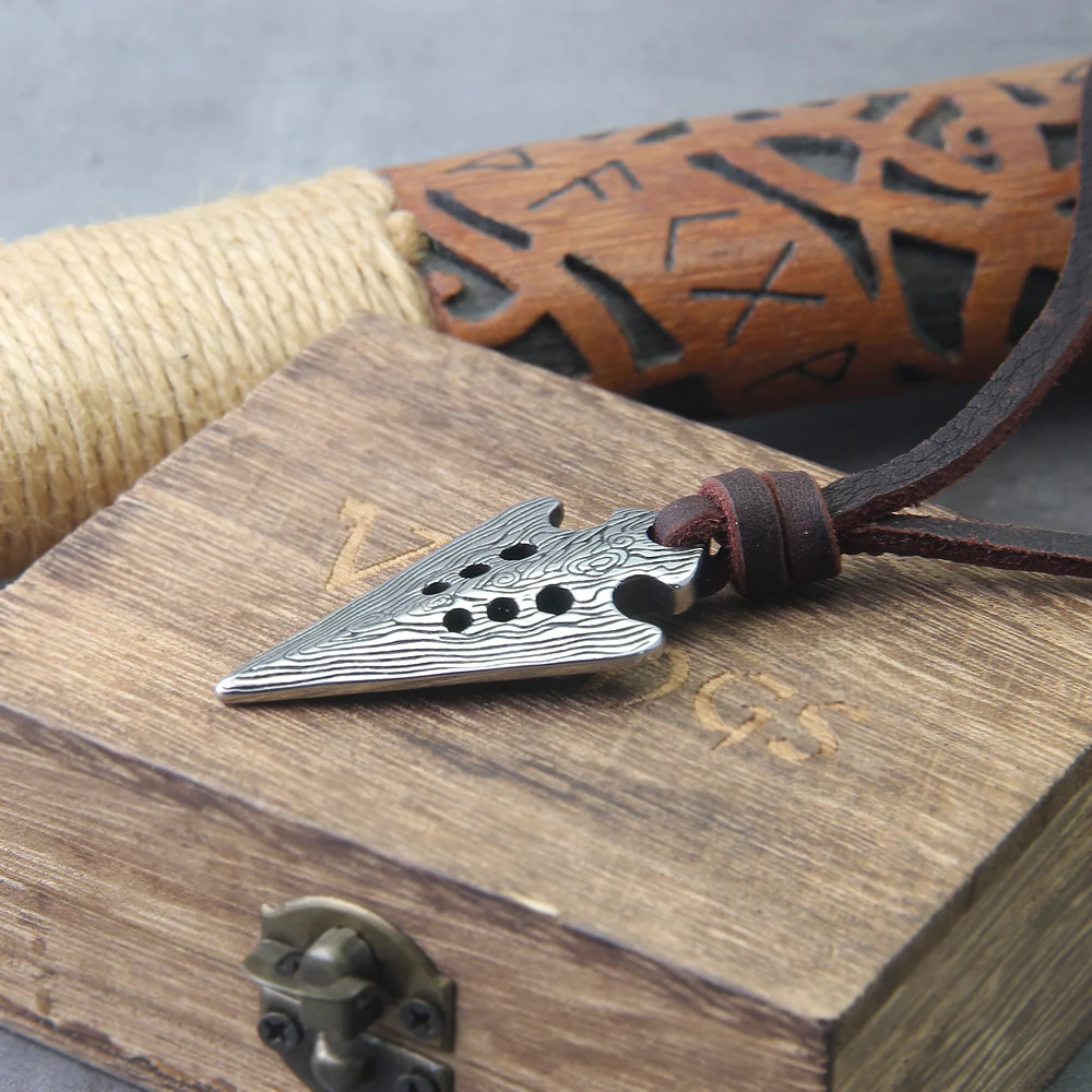 stainless steel Viking Damascus spear Pendant Necklace with really cow leather chain As Men Gift with wooden box as gift stainless steel Viking Damascus spear Pendant Necklace with really cow leather chain As Men Gift with wooden box as gift