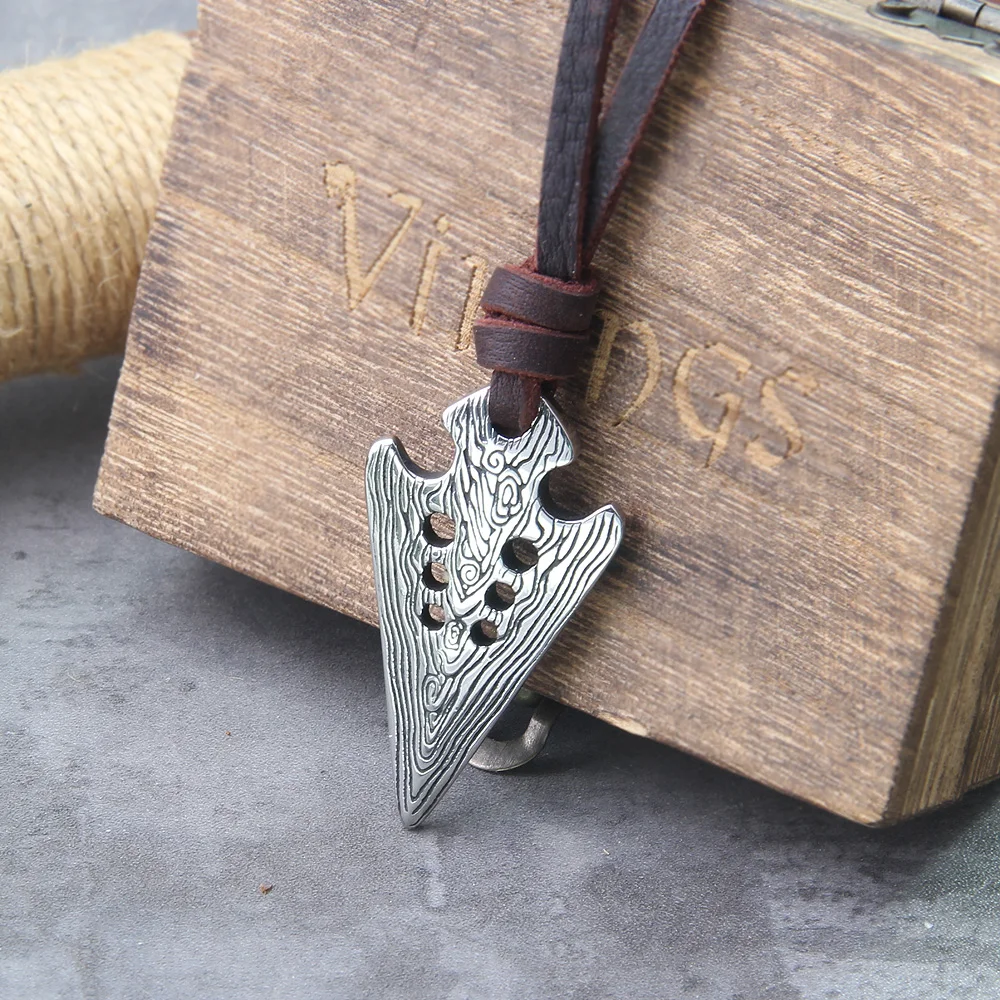 stainless steel Viking Damascus spear Pendant Necklace with really cow leather chain As Men Gift with wooden box as gift stainless steel Viking Damascus spear Pendant Necklace with really cow leather chain As Men Gift with wooden box as gift