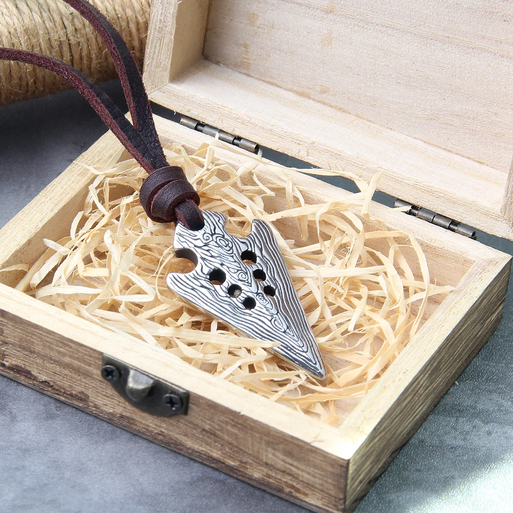 stainless steel Viking Damascus spear Pendant Necklace with really cow leather chain As Men Gift with wooden box as gift stainless steel Viking Damascus spear Pendant Necklace with really cow leather chain As Men Gift with wooden box as gift