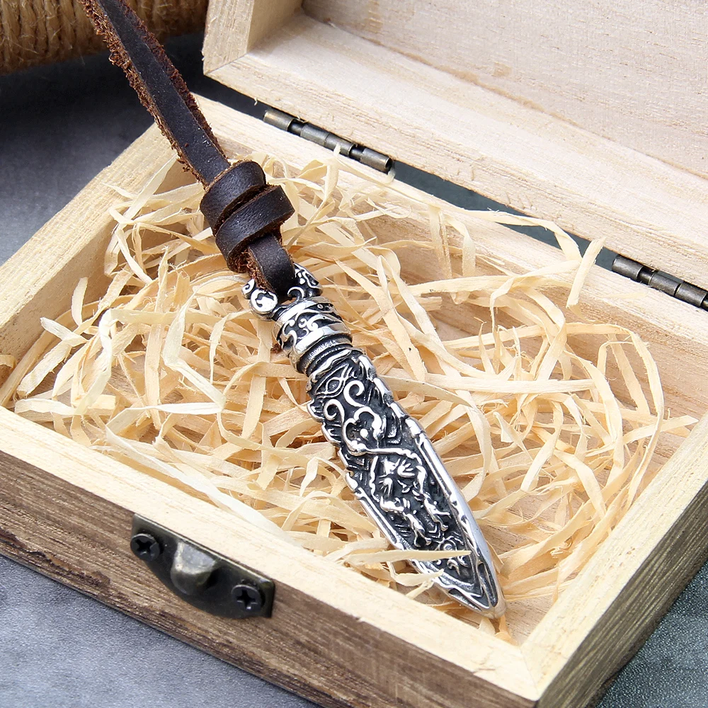 stainless steel Viking Damascus spear Pendant Necklace with really cow leather chain As Men Gift with wooden box as gift stainless steel Viking Damascus spear Pendant Necklace with really cow leather chain As Men Gift with wooden box as gift