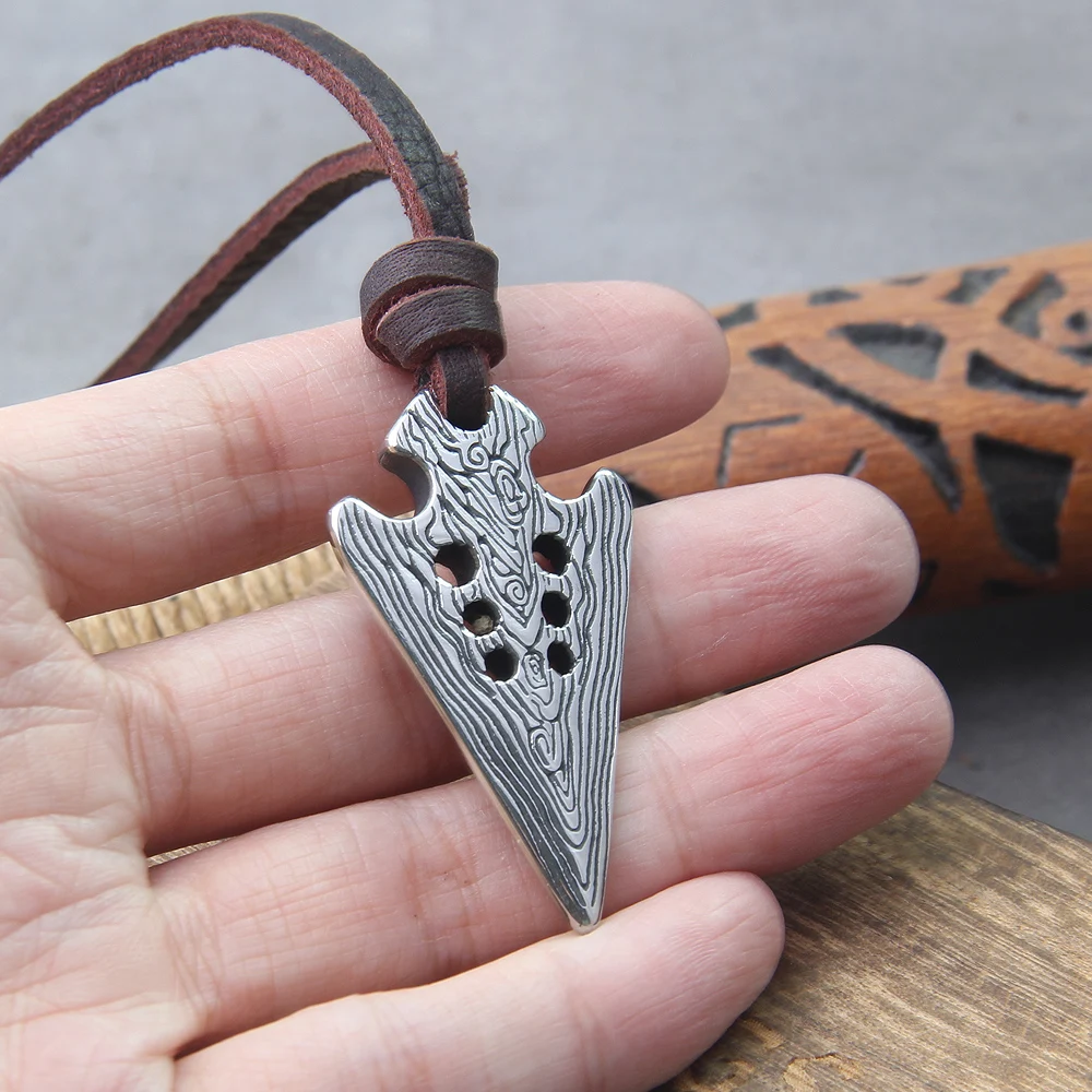 stainless steel Viking Damascus spear Pendant Necklace with really cow leather chain As Men Gift with wooden box as gift stainless steel Viking Damascus spear Pendant Necklace with really cow leather chain As Men Gift with wooden box as gift