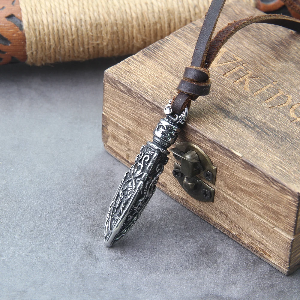 stainless steel Viking Damascus spear Pendant Necklace with really cow leather chain As Men Gift with wooden box as gift stainless steel Viking Damascus spear Pendant Necklace with really cow leather chain As Men Gift with wooden box as gift