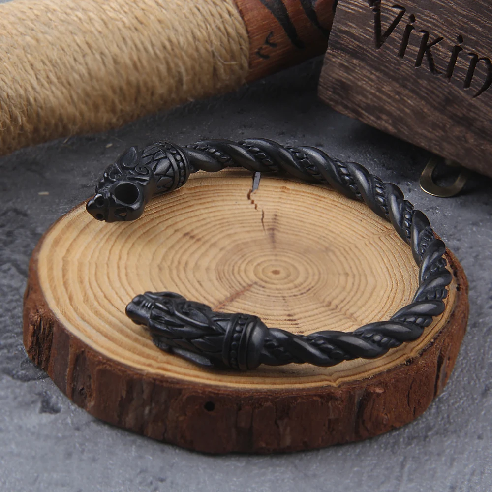Black Stainless Steel Nordic Viking Norse Dragon Bracelet – Men’s Cuff Wristband with Wooden Gift Box Black Stainless Steel Nordic Viking Norse Dragon Bracelet – Men's Cuff Wristband with Wooden Gift Box