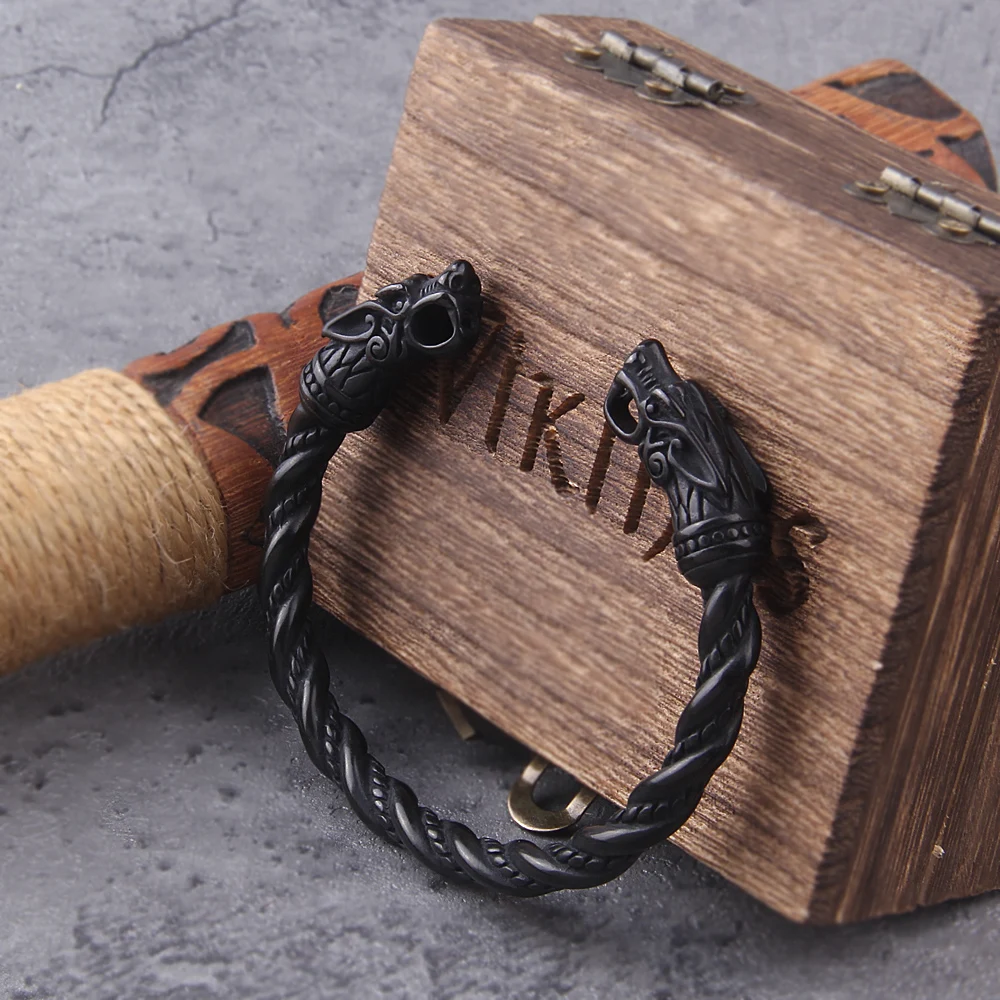 Black Stainless Steel Nordic Viking Norse Dragon Bracelet – Men's Cuff Wristband with Wooden Gift Box Black Stainless Steel Nordic Viking Norse Dragon Bracelet – Men's Cuff Wristband with Wooden Gift Box