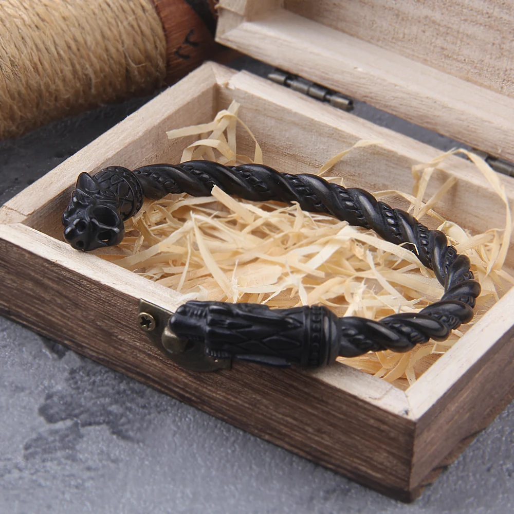 Black Stainless Steel Nordic Viking Norse Dragon Bracelet – Men’s Cuff Wristband with Wooden Gift Box Black Stainless Steel Nordic Viking Norse Dragon Bracelet – Men's Cuff Wristband with Wooden Gift Box