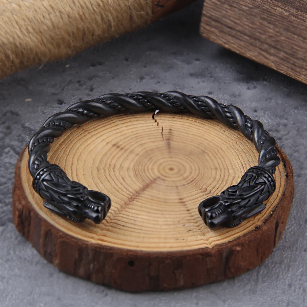 Black Stainless Steel Nordic Viking Norse Dragon Bracelet – Men’s Cuff Wristband with Wooden Gift Box Black Stainless Steel Nordic Viking Norse Dragon Bracelet – Men's Cuff Wristband with Wooden Gift Box