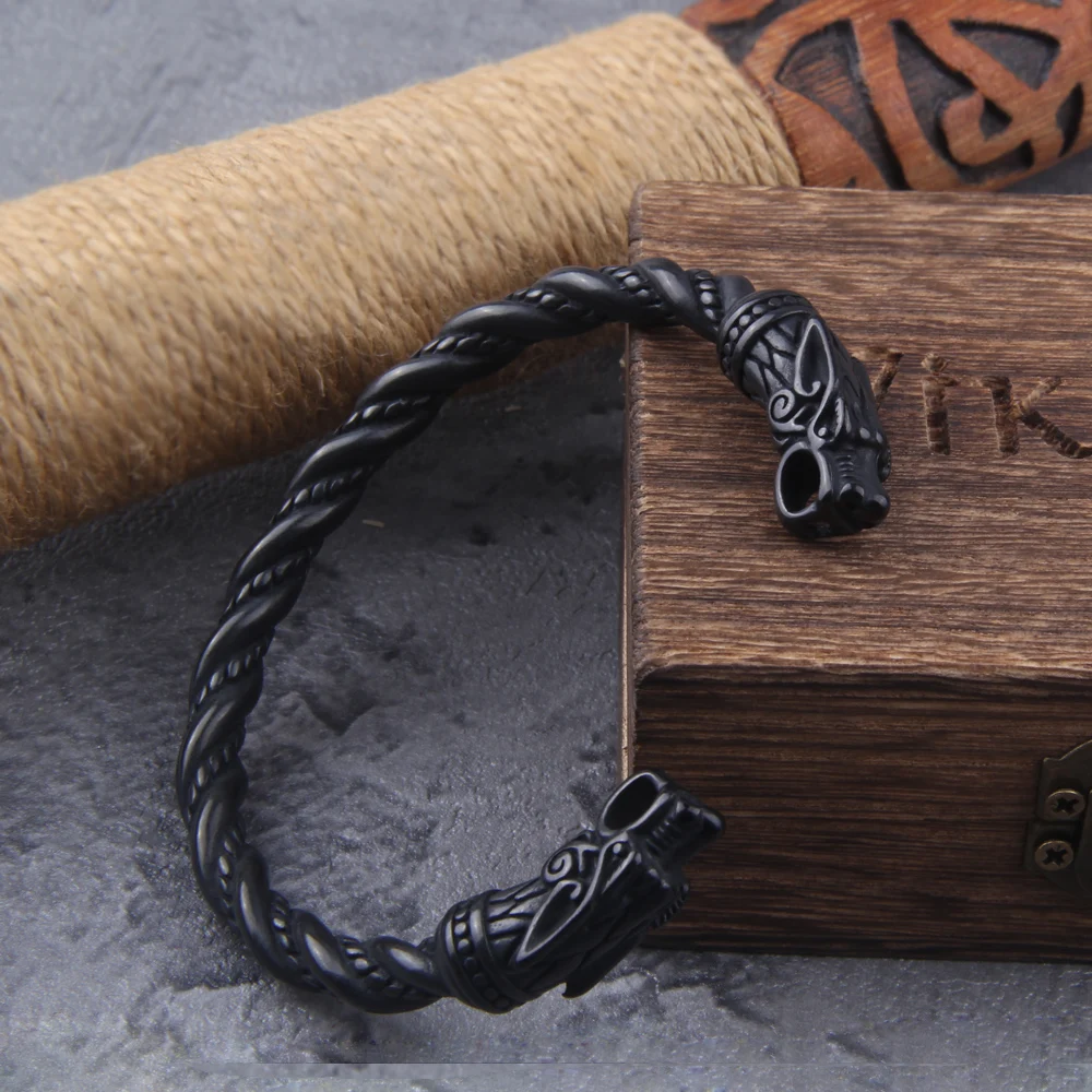 Black Stainless Steel Nordic Viking Norse Dragon Bracelet – Men’s Cuff Wristband with Wooden Gift Box Black Stainless Steel Nordic Viking Norse Dragon Bracelet – Men's Cuff Wristband with Wooden Gift Box