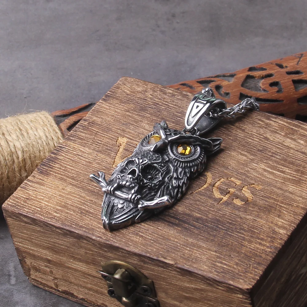 Gothic Owl Skull Viking Necklace – Stainless Steel Punk Pendant for Men