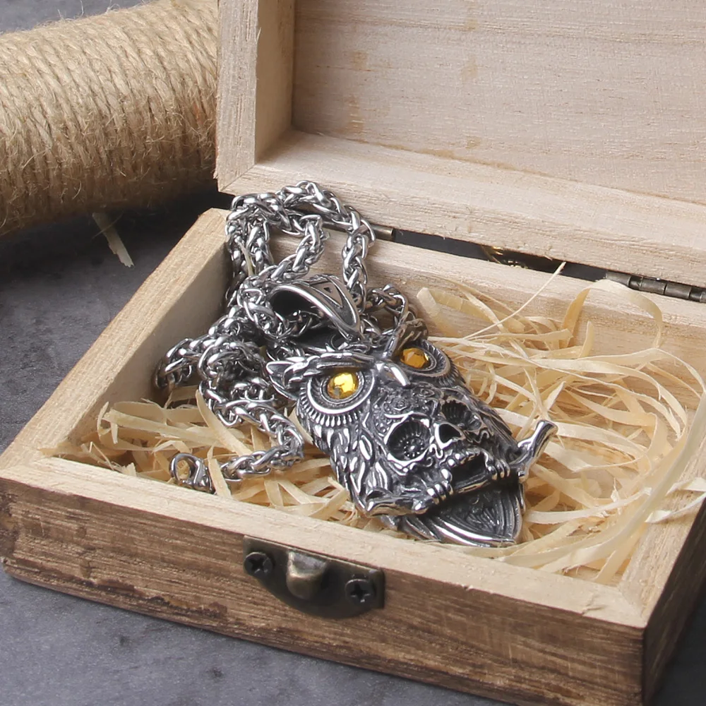 Gothic Owl Skull Viking Necklace – Stainless Steel Punk Pendant for Men