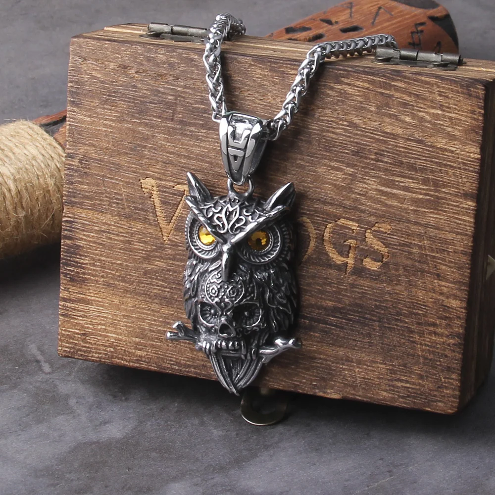 Gothic Owl Skull Viking Necklace – Stainless Steel Punk Pendant for Men