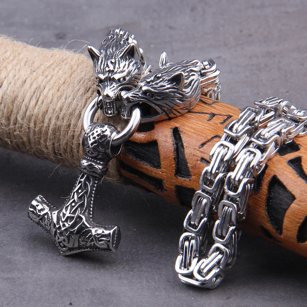Wolf Head Thor’s Hammer Necklace – Stainless Steel Viking Pendant Wolf Head Thor’s Hammer Necklace – Stainless Steel Viking Pendant