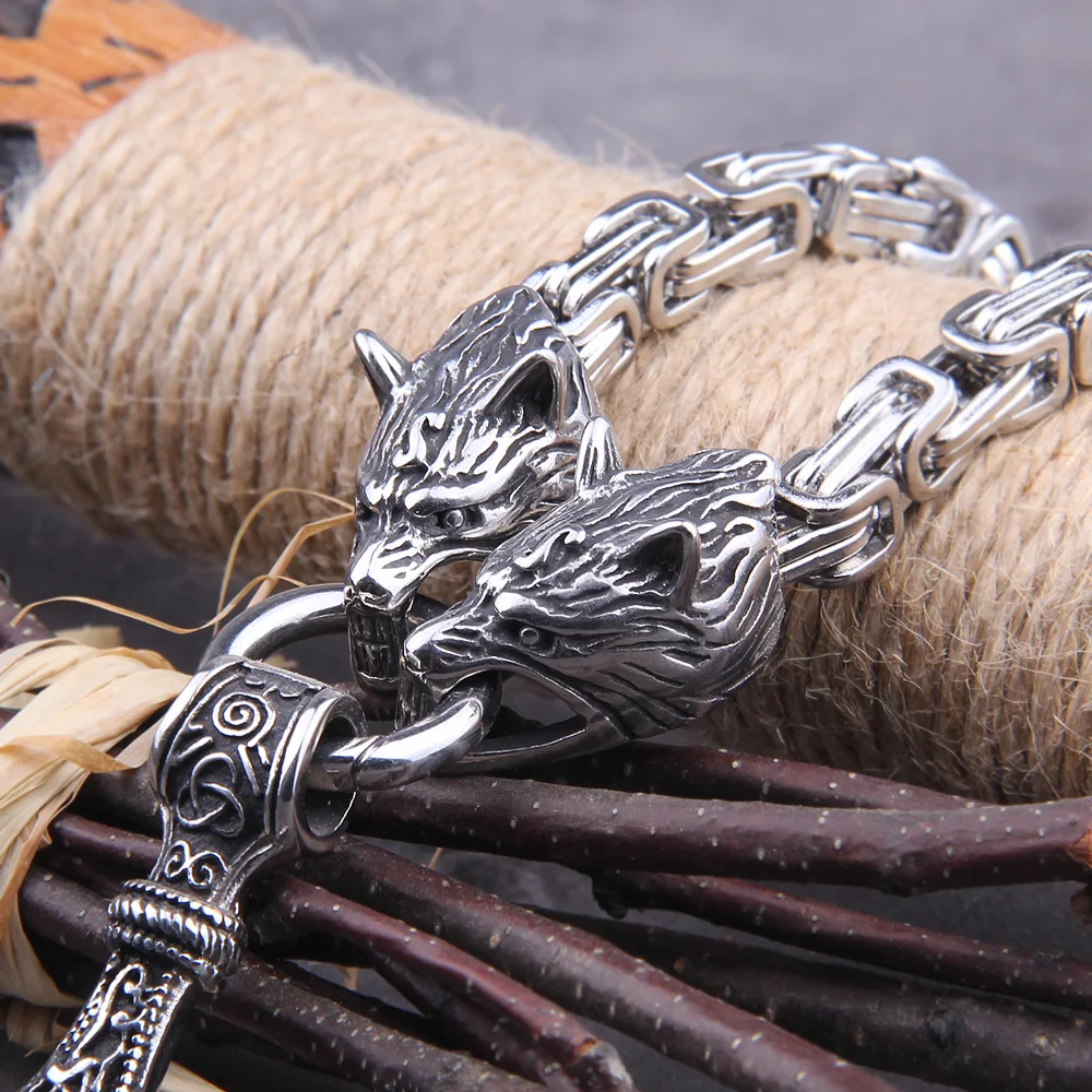Wolf Head Thor’s Hammer Necklace – Stainless Steel Viking Pendant Wolf Head Thor’s Hammer Necklace – Stainless Steel Viking Pendant