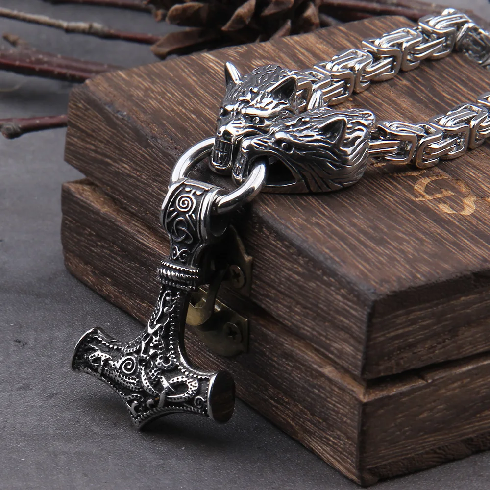 Wolf Head Thor’s Hammer Necklace – Stainless Steel Viking Pendant Wolf Head Thor’s Hammer Necklace – Stainless Steel Viking Pendant