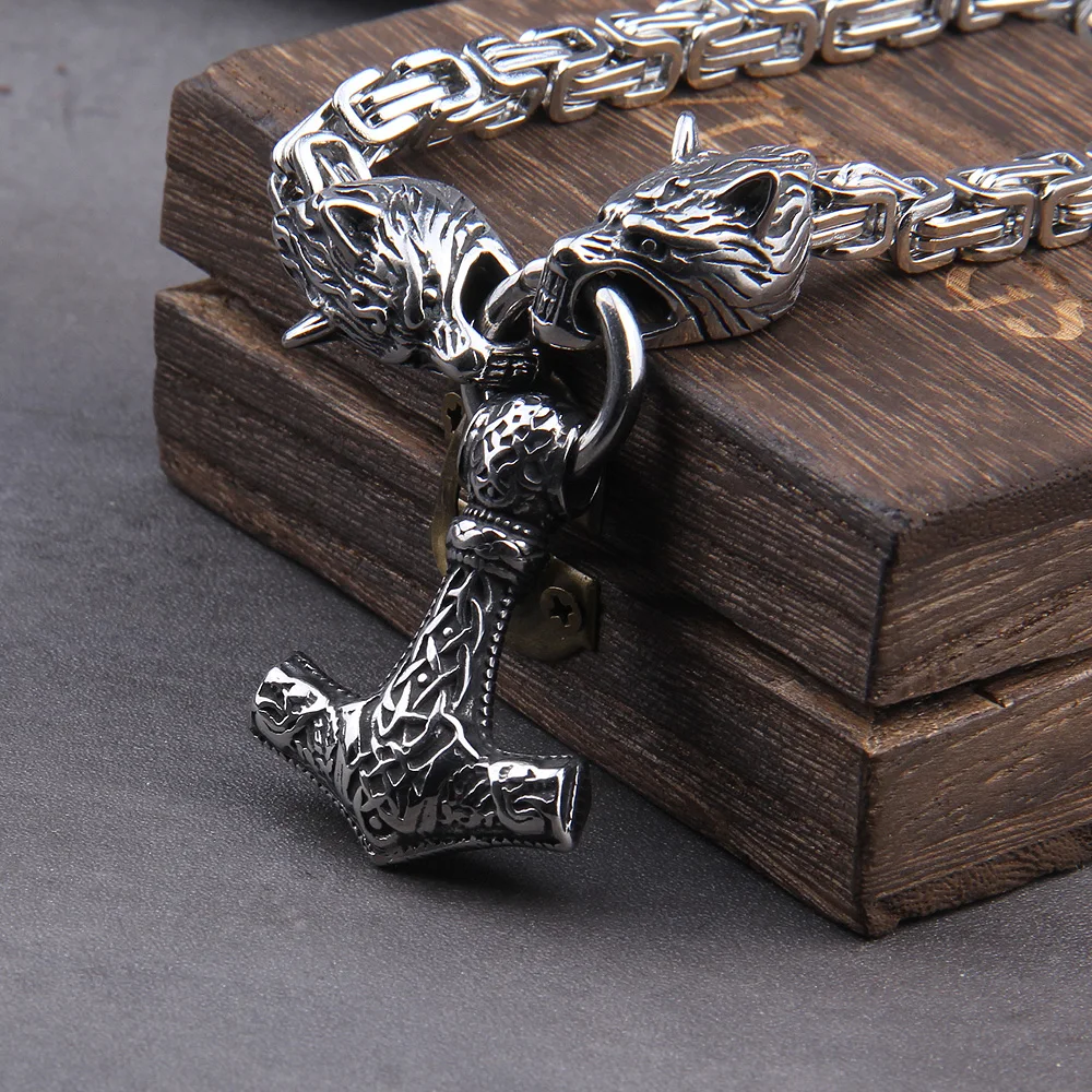 Wolf Head Thor’s Hammer Necklace – Stainless Steel Viking Pendant Wolf Head Thor’s Hammer Necklace – Stainless Steel Viking Pendant
