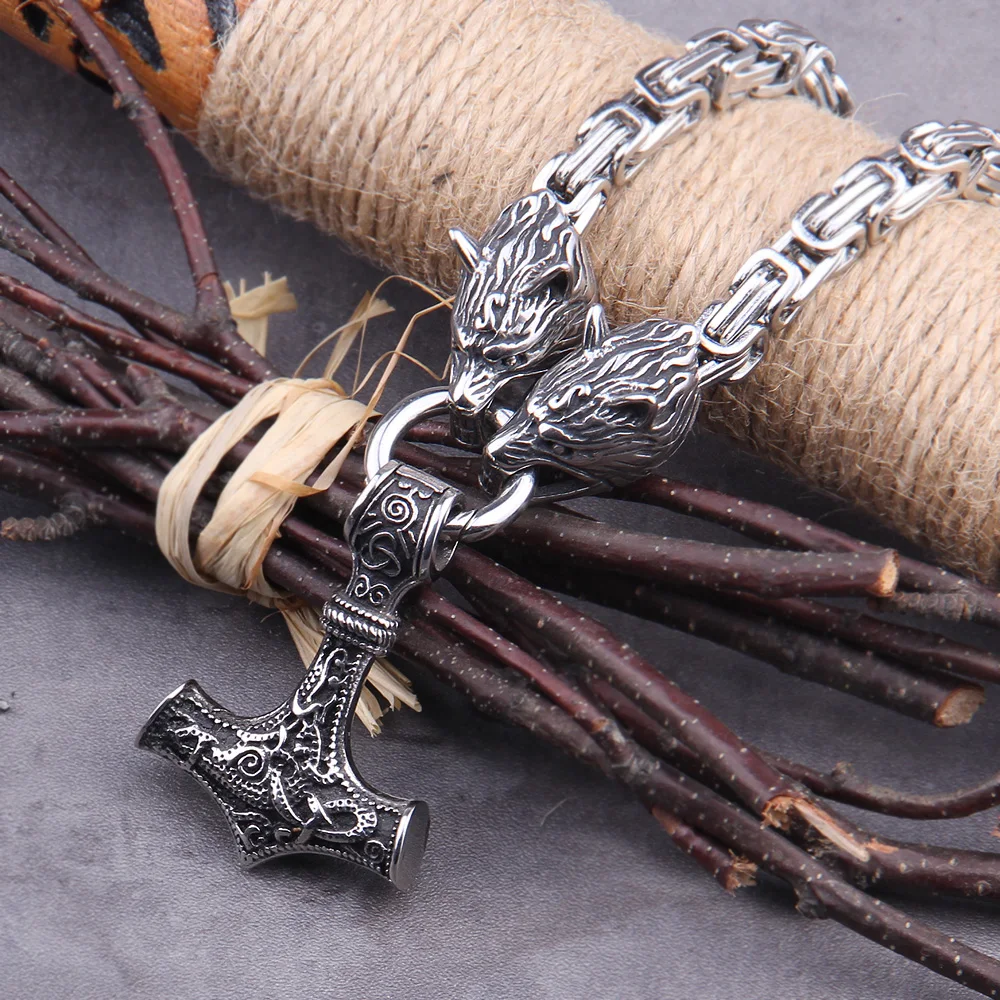 Wolf Head Thor’s Hammer Necklace – Stainless Steel Viking Pendant Wolf Head Thor’s Hammer Necklace – Stainless Steel Viking Pendant