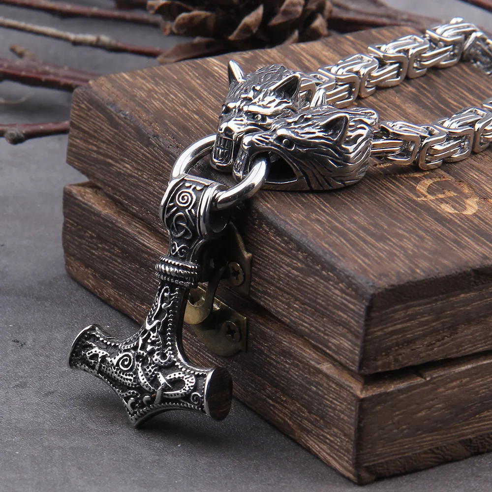 Wolf Head Thor’s Hammer Necklace – Stainless Steel Viking Pendant Wolf Head Thor’s Hammer Necklace – Stainless Steel Viking Pendant