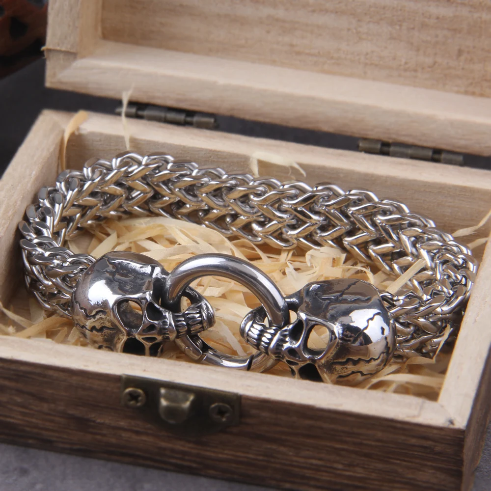 Nordic Double Wolf Head Bracelet – Stainless Steel Viking Chain